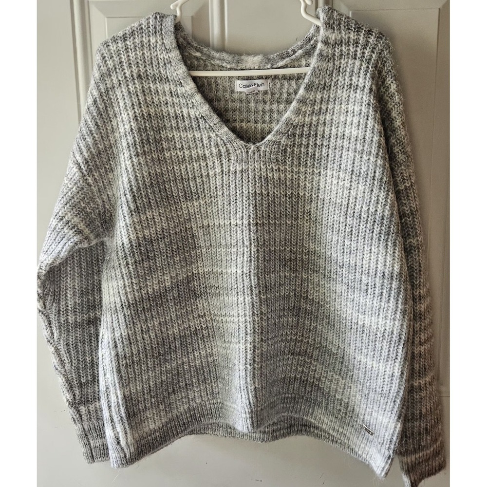 Calvin Klein Womens Sweater‎ Large Gray V Neck Chunky Knit Cozy Pullover